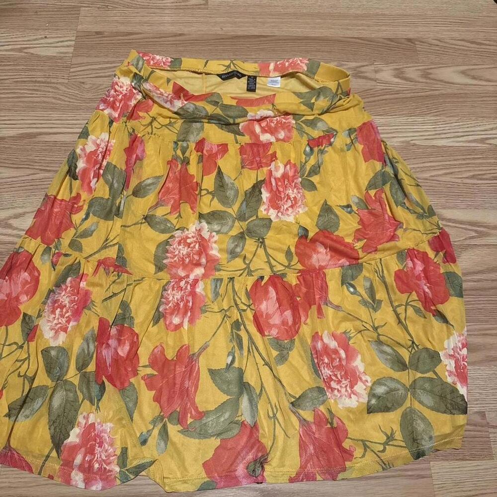 Nina Leonard Yellow Floral A-Line‎ Skirt Women’s 2X Plus Size Elastic Waist
